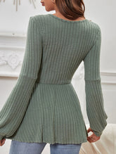 Balloon Sleeve Rib-Knit Ruffle T-Shirt